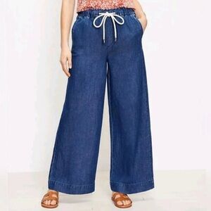LOFT Wide-Leg Chambray Drawstring Pants in Denim Blue